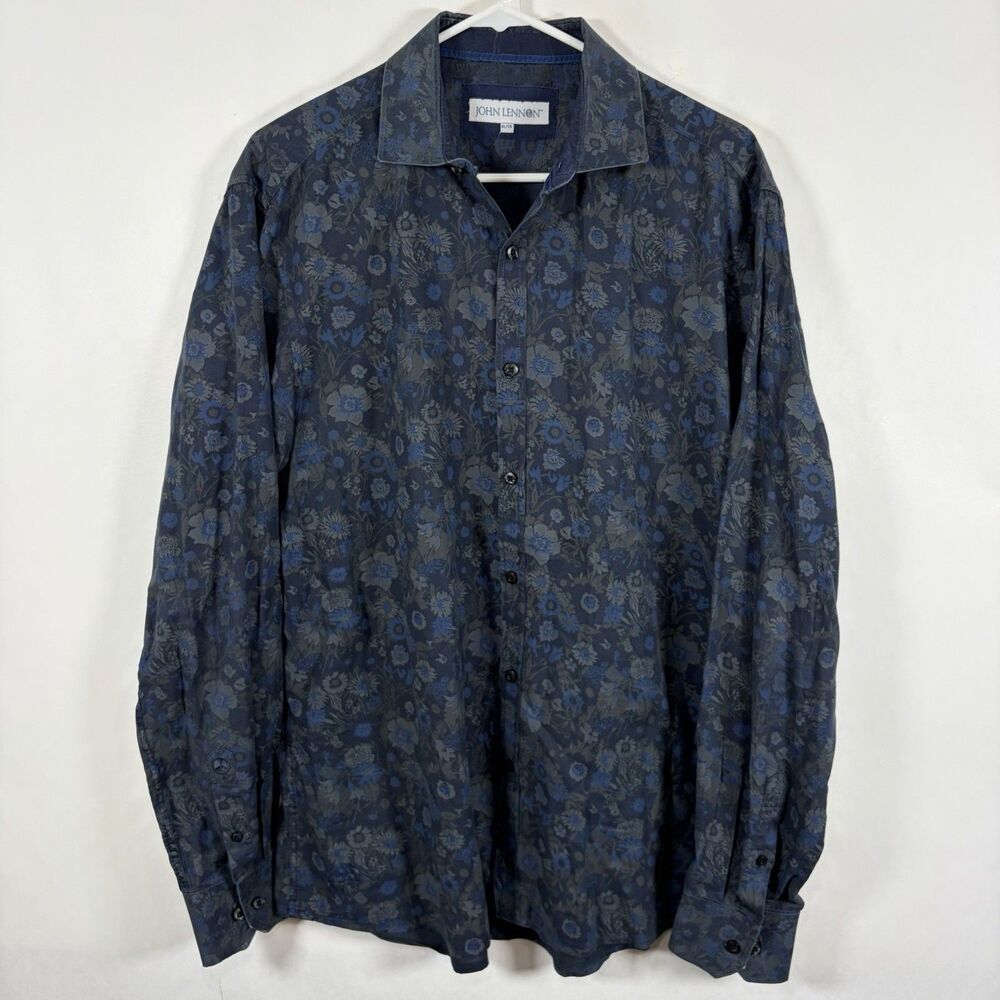 John Lennon Button Up Shirt Mens Size XL Blue Gray Floral Long Sleeve Peace Sign